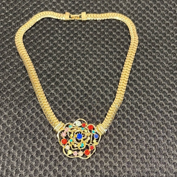 Unsigned Jewelry - Vintage Gold Tone Statement Necklace Multi Color Rhinestone Rose Flower Collar